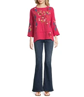 Tru Luxe Jeans Floral Embroidery Boat Neck 3/4 Sleeve Top