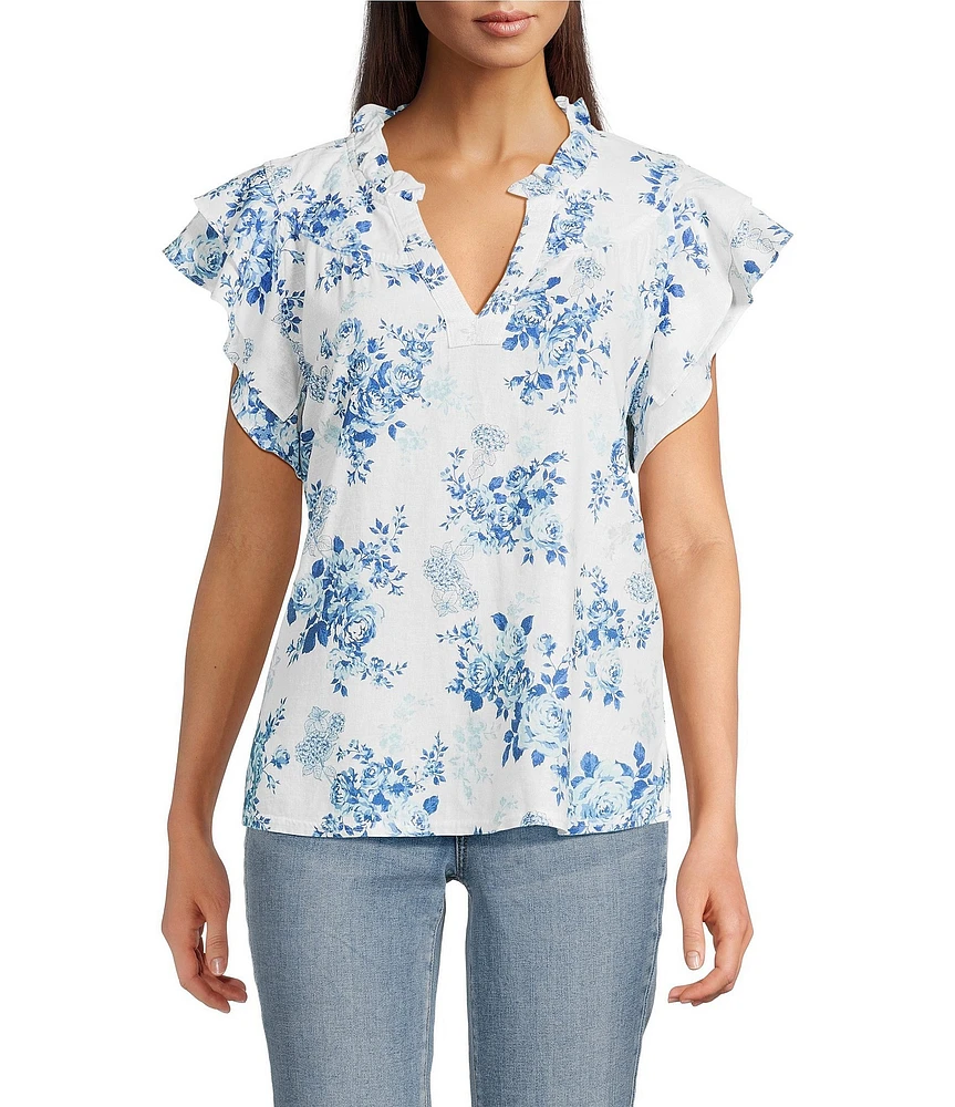 Tru Luxe Jeans Floral Linen Blend Ruffle Split V-Neck Flutter Sleeve Blouse