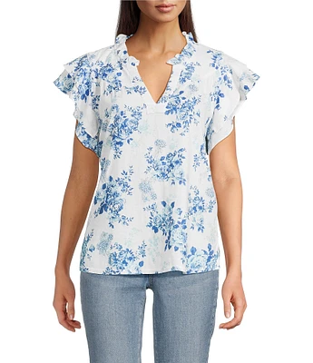Tru Luxe Jeans Floral Linen Blend Ruffle Split V-Neck Flutter Sleeve Blouse