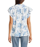 Tru Luxe Jeans Floral Linen Blend Ruffle Split V-Neck Flutter Sleeve Blouse