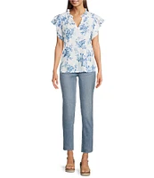 Tru Luxe Jeans Floral Linen Blend Ruffle Split V-Neck Flutter Sleeve Blouse