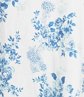 Tru Luxe Jeans Floral Linen Blend Ruffle Split V-Neck Flutter Sleeve Blouse