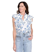 Tru Luxe Jeans Floral Linen Blend Ruffle Split V-Neck Flutter Sleeve Blouse