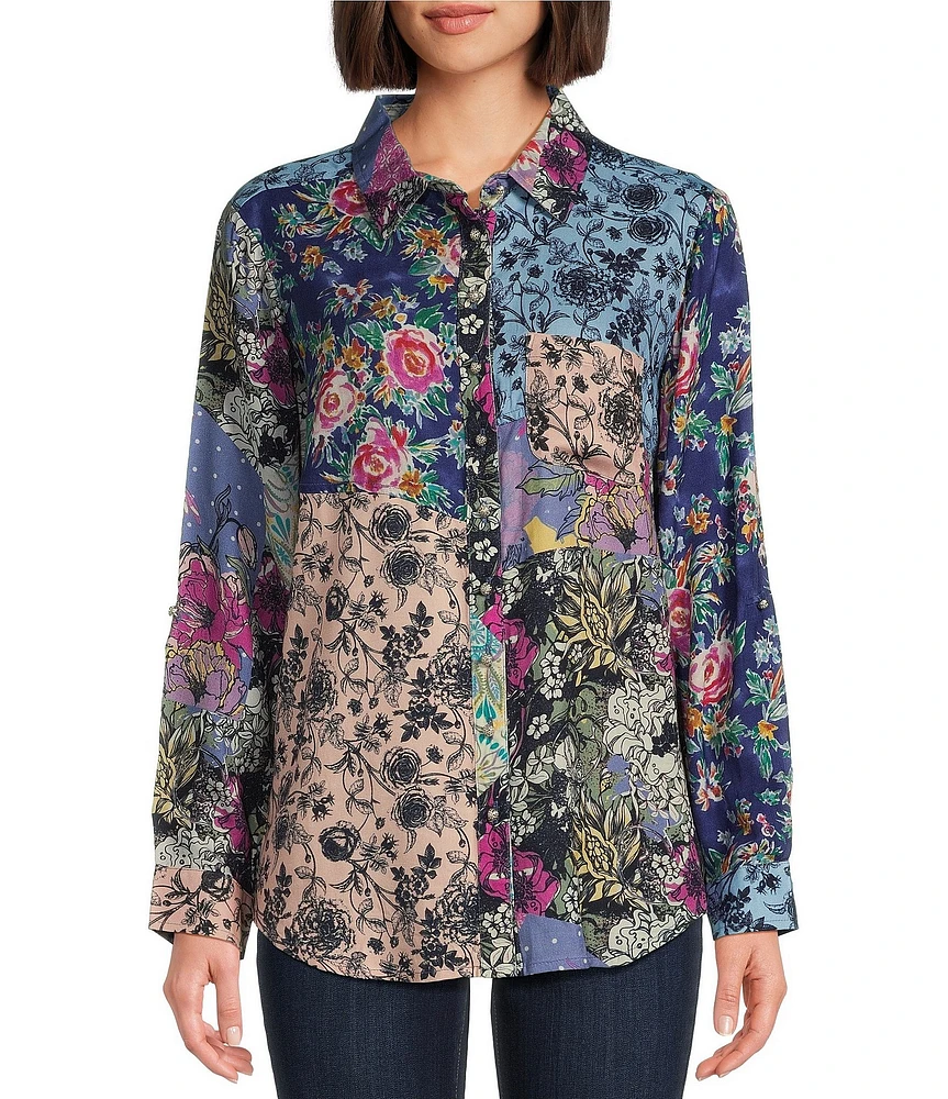Tru Luxe Jeans Floral Patchwork Print Collared Neck Roll Tab Sleeve Top