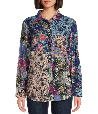 Tru Luxe Jeans Floral Patchwork Print Collared Neck Roll Tab Sleeve Top