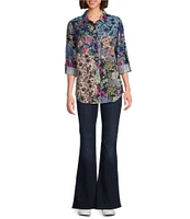 Tru Luxe Jeans Floral Patchwork Print Collared Neck Roll Tab Sleeve Top