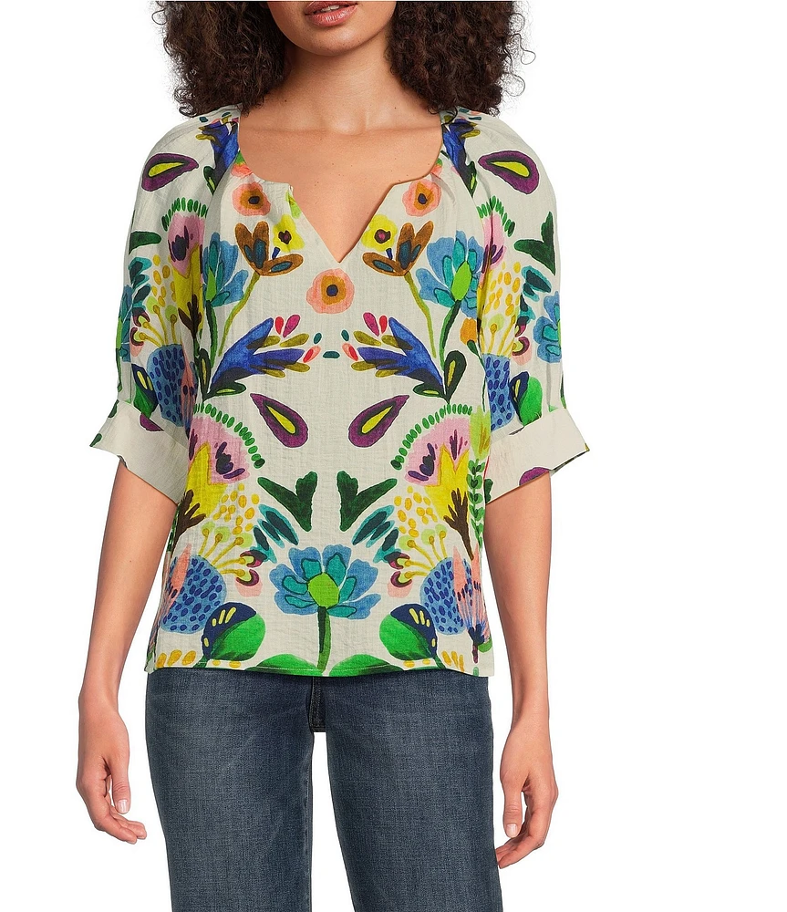 Tru Luxe Jeans Floral Pleated V-Neck Elbow Sleeve Popover Top