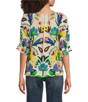 Tru Luxe Jeans Floral Pleated V-Neck Elbow Sleeve Popover Top