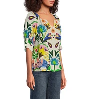Tru Luxe Jeans Floral Pleated V-Neck Elbow Sleeve Popover Top