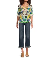 Tru Luxe Jeans Floral Pleated V-Neck Elbow Sleeve Popover Top