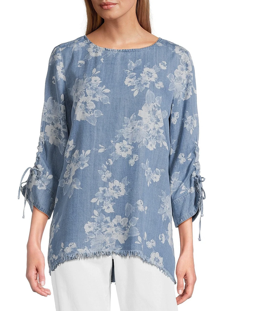 Tru Luxe Jeans Floral Printed Chambray Scoop Neck 3/4 Sleeve Lace-Up Top