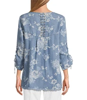 Tru Luxe Jeans Floral Printed Chambray Scoop Neck 3/4 Sleeve Lace-Up Top
