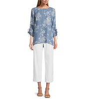 Tru Luxe Jeans Floral Printed Chambray Scoop Neck 3/4 Sleeve Lace-Up Top