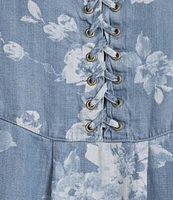 Tru Luxe Jeans Floral Printed Chambray Scoop Neck 3/4 Sleeve Lace-Up Top