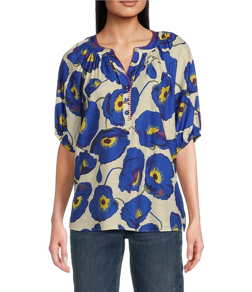Tru Luxe Jeans Floral Split V-Neck Elbow Sleeve Top
