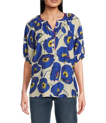 Tru Luxe Jeans Floral Split V-Neck Elbow Sleeve Top