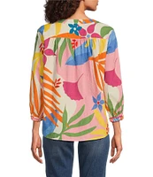 Tru Luxe Jeans Floral Textured Cotton Split V-Neck 3/4 Sleeve Blouse