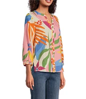 Tru Luxe Jeans Floral Textured Cotton Split V-Neck 3/4 Sleeve Blouse