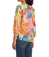 Tru Luxe Jeans Floral Textured Cotton Split V-Neck 3/4 Sleeve Blouse
