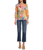 Tru Luxe Jeans Floral Textured Cotton Split V-Neck 3/4 Sleeve Blouse