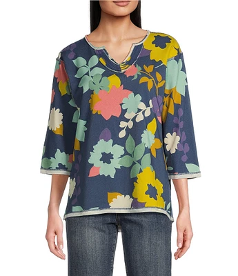 Tru Luxe Jeans French Terry Floral Notch Neck 3/4 Sleeve Top