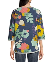 Tru Luxe Jeans French Terry Floral Notch Neck 3/4 Sleeve Top
