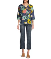 Tru Luxe Jeans French Terry Floral Notch Neck 3/4 Sleeve Top