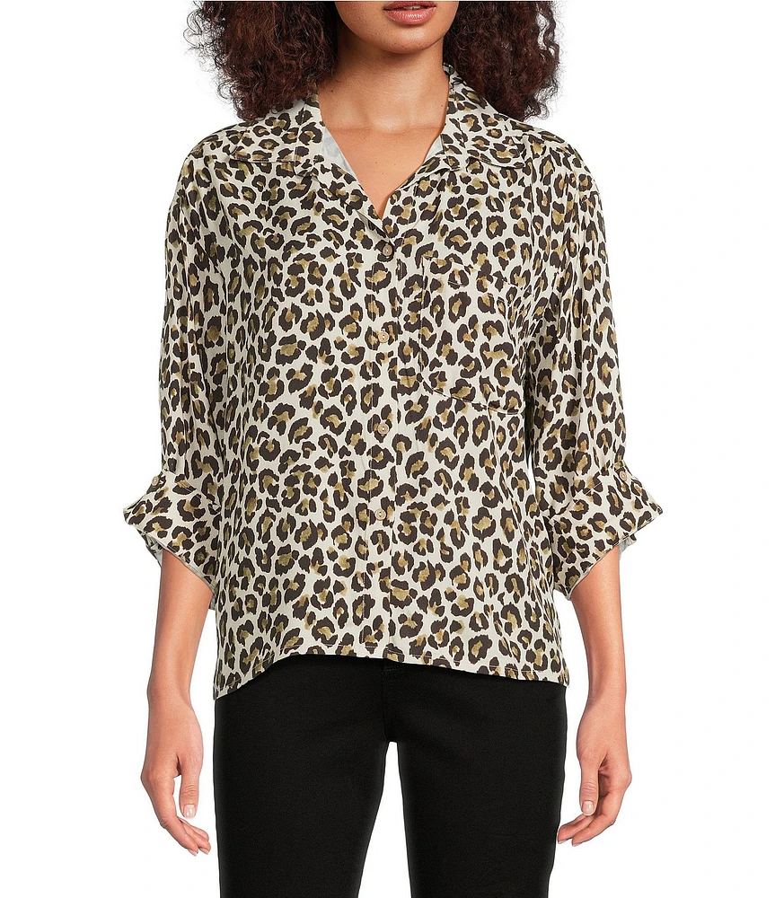 Tru Luxe Jeans Leopard Print 3/4 Sleeve Button Front Shirt