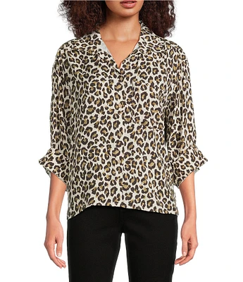 Tru Luxe Jeans Leopard Print 3/4 Sleeve Button Front Shirt