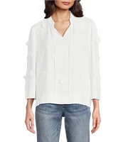 Tru Luxe Jeans Linen Blend Split Crew Neck 3/4 Sleeve Applique Flowers Blouse