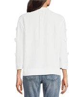 Tru Luxe Jeans Linen Blend Split Crew Neck 3/4 Sleeve Applique Flowers Blouse