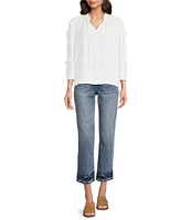 Tru Luxe Jeans Linen Blend Split Crew Neck 3/4 Sleeve Applique Flowers Blouse
