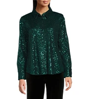 Tru Luxe Jeans Mesh Sequin Button Down Collared Long Sleeve Top