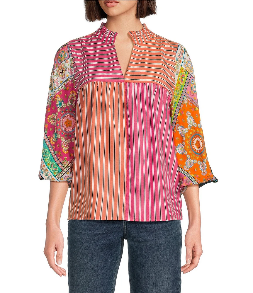Tru Luxe Jeans Mix Print 3/4 Balloon Sleeve Popover Top