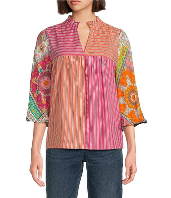 Tru Luxe Jeans Mix Print 3/4 Balloon Sleeve Popover Top