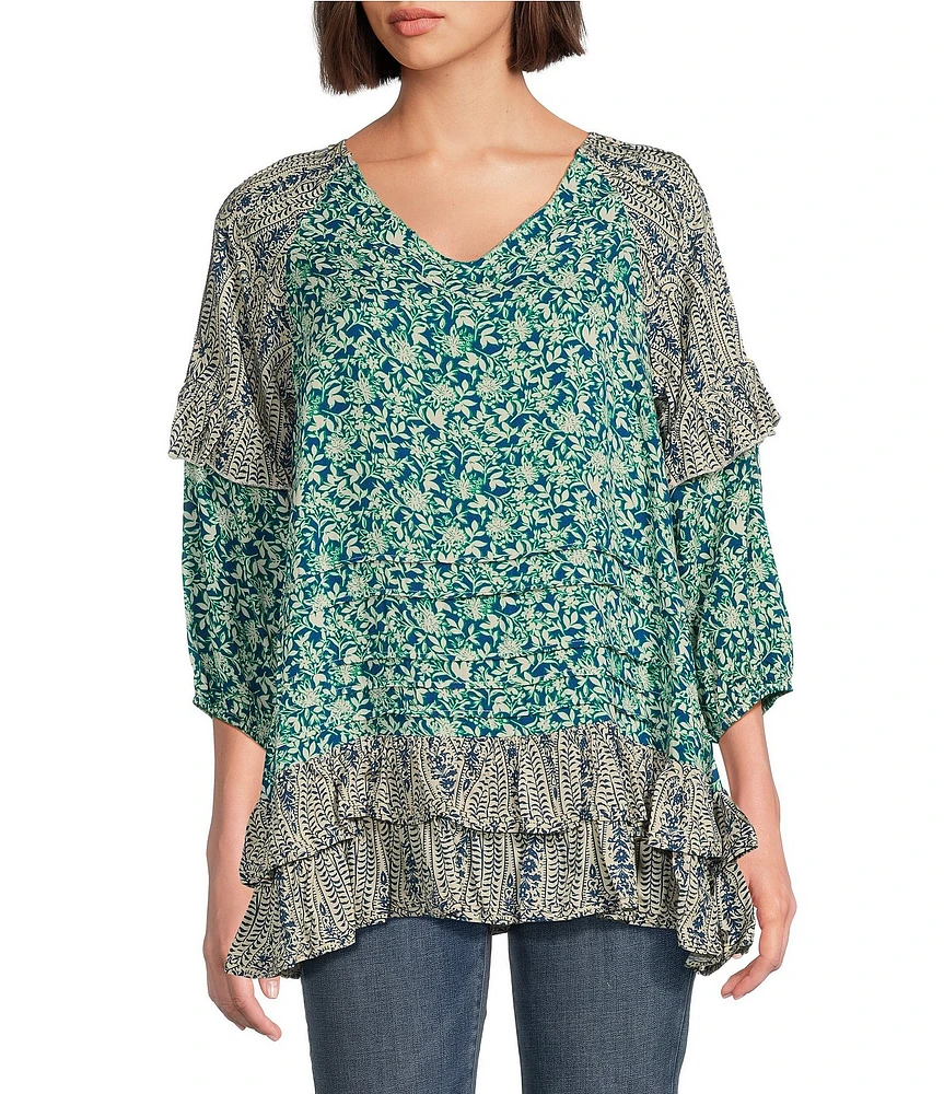 Tru Luxe Jeans Mixed Floral Print Peplum V-Neck 3/4 Sleeve Top