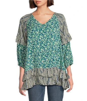 Tru Luxe Jeans Mixed Floral Print Peplum V-Neck 3/4 Sleeve Top