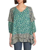 Tru Luxe Jeans Mixed Floral Print Peplum V-Neck 3/4 Sleeve Top
