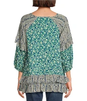 Tru Luxe Jeans Mixed Floral Print Peplum V-Neck 3/4 Sleeve Top
