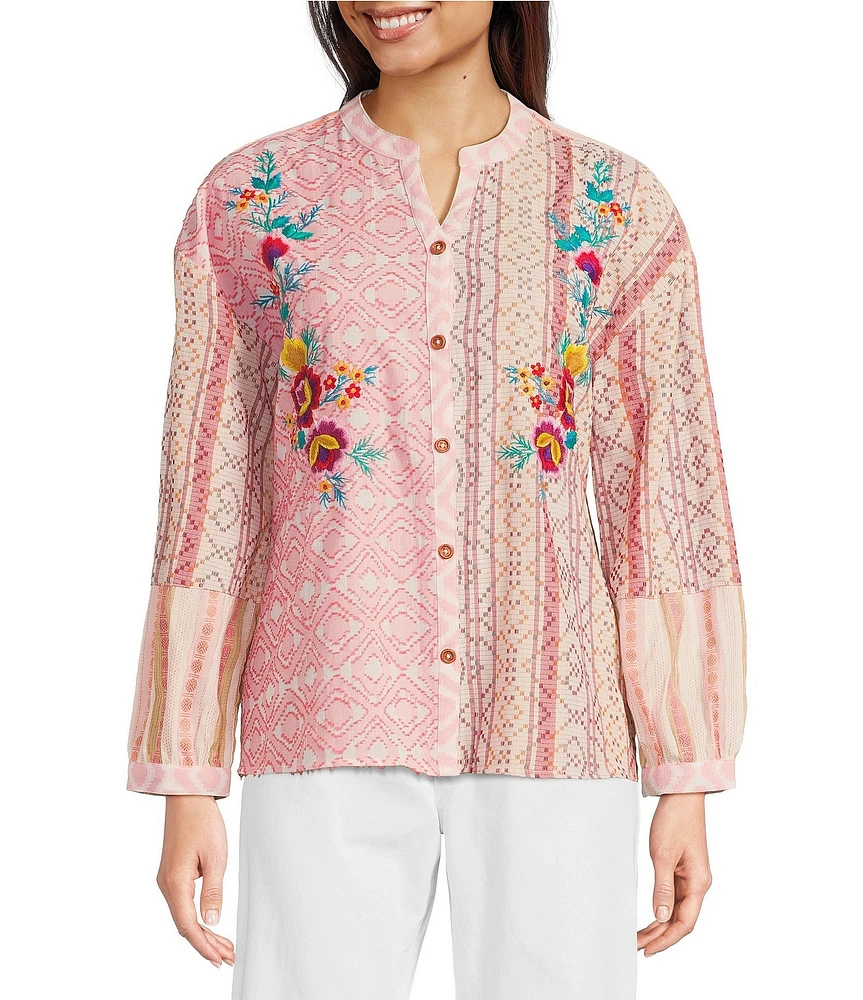 Tru Luxe Jeans Mixed Jacquard Embroidered Split V-Neck Long Sleeve Popover Top