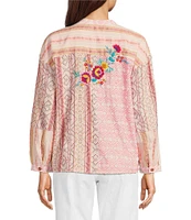Tru Luxe Jeans Mixed Jacquard Embroidered Split V-Neck Long Sleeve Popover Top