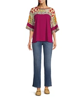 Tru Luxe Jeans Mixed Media Patchwork Print Yoke Top