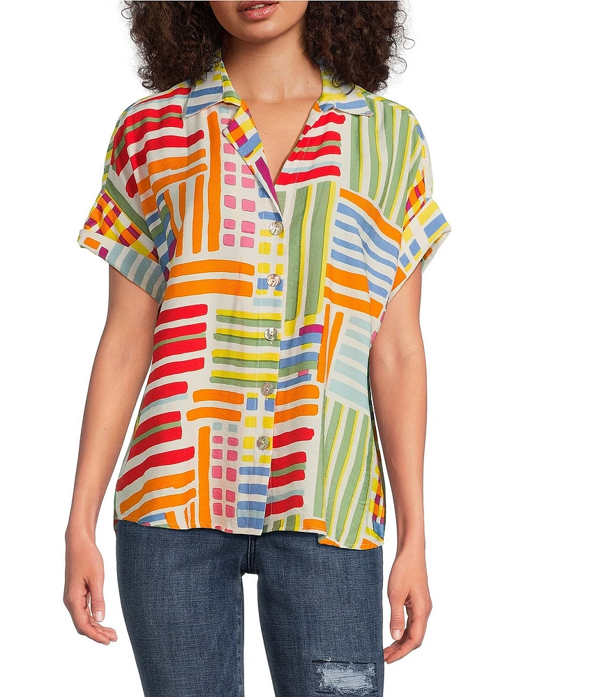 Tru Luxe Jeans Modern Stripe Short Sleeve Button Front Top