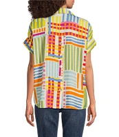Tru Luxe Jeans Modern Stripe Short Sleeve Button Front Top