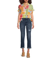 Tru Luxe Jeans Modern Stripe Short Sleeve Button Front Top