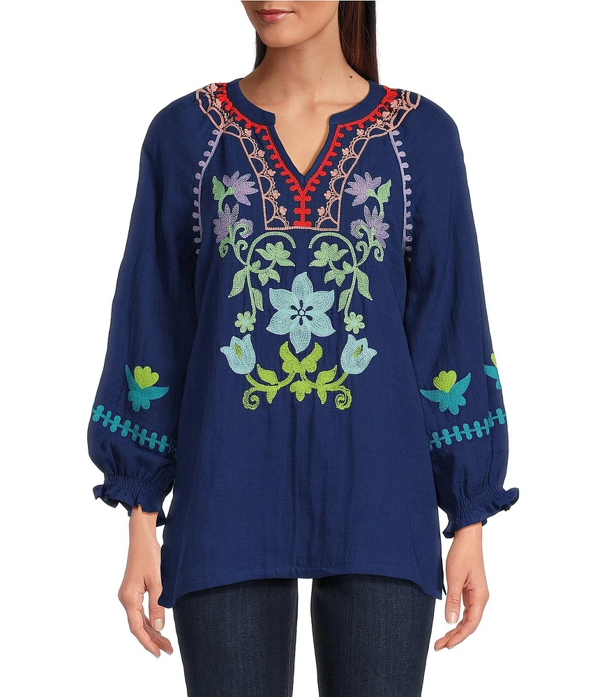 Tru Luxe Jeans Multi-Color Embroidered Gauze Split V-Neck 3/4 Smocked Sleeve Top