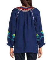 Tru Luxe Jeans Multi-Color Embroidered Gauze Split V-Neck 3/4 Smocked Sleeve Top