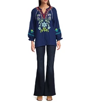 Tru Luxe Jeans Multi-Color Embroidered Gauze Split V-Neck 3/4 Smocked Sleeve Top
