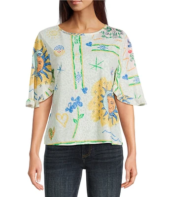 Tru Luxe Jeans Novelty Burnout Jersey Tie Neck Flutter Sleeve Tunic