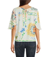 Tru Luxe Jeans Novelty Burnout Jersey Tie Neck Flutter Sleeve Tunic